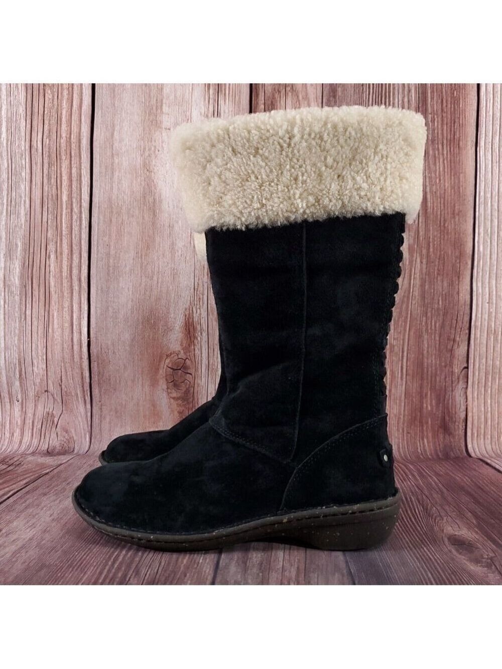 Ugg Karyn Womens Sz 7 Black Suede Leather Mid Calf Cuff Shearling Boots 1005449 - Picture 5 of 16